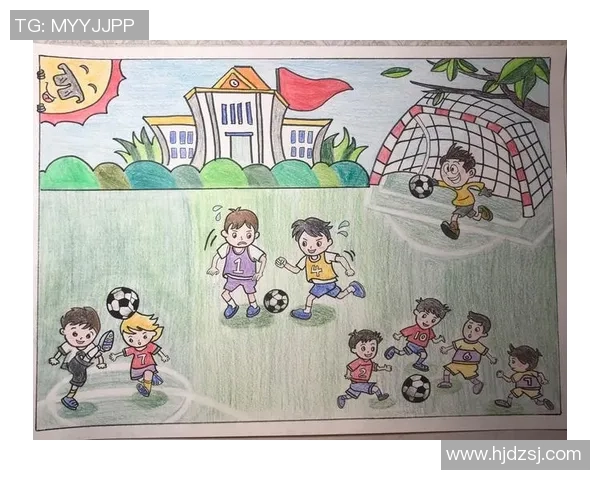 小男孩快乐踢足球的卡通画展现童趣与运动激情